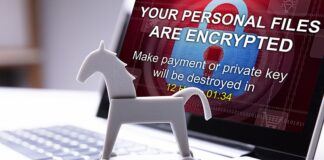 trojan horse in front of laptop screen with message your personal files are encrypted