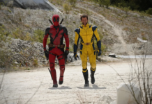 Ryan Reynolds as Deadpool and Hugh Jackman as Wolverine walking in their super suits on the set of Deadpool & Wolverine.