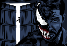 Venom, a popular Marvel superhero character, depicted in a comic version with a dark and intense pose with sharp teeth and a menacing expression