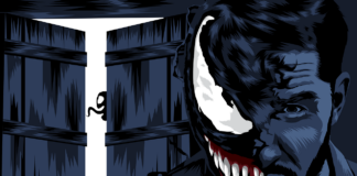 Venom, a popular Marvel superhero character, depicted in a comic version with a dark and intense pose with sharp teeth and a menacing expression