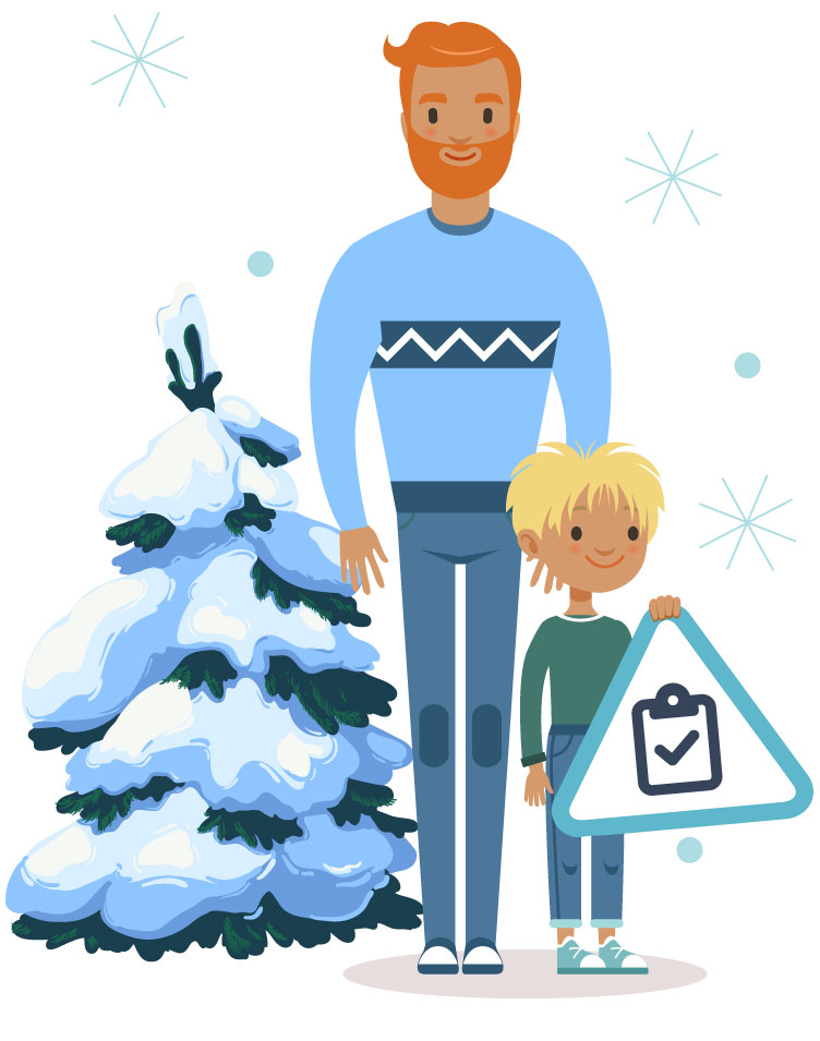 Holiday_Checklist_CA Father and son cartoon graphic with checklist sign and winter snowflakes
