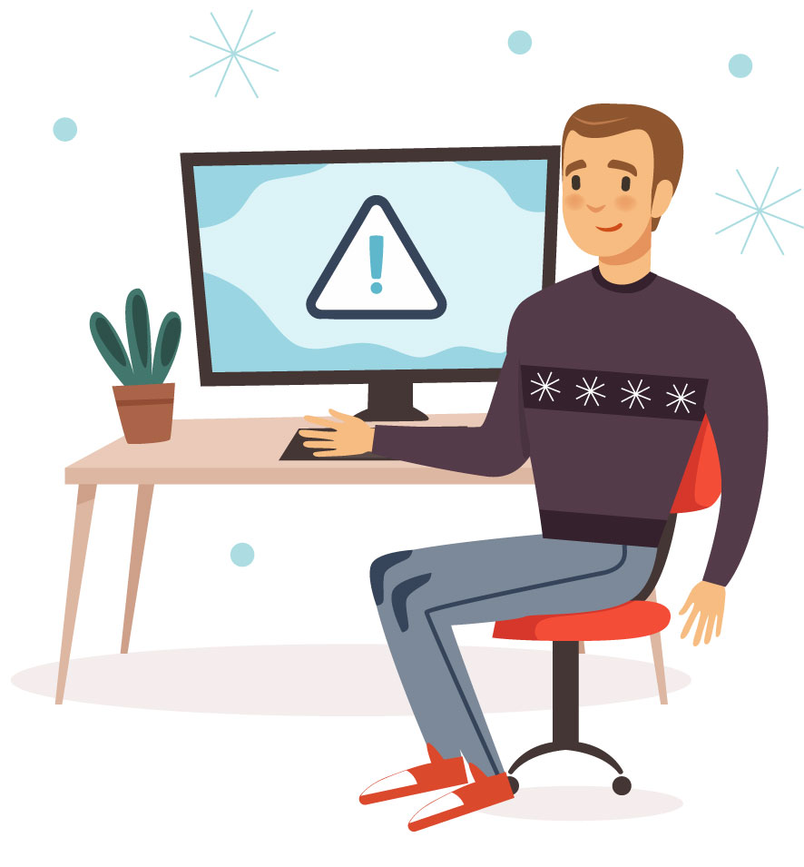 Holiday_Desk2 Cartoon graphic man sitting at computer desk with snowflakes