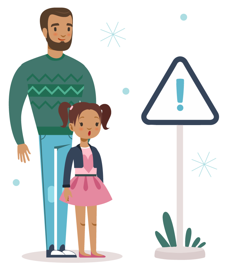 Holiday_Exclamation Father and daughter cartoon graphic with exclamation sign and winter snowflakes
