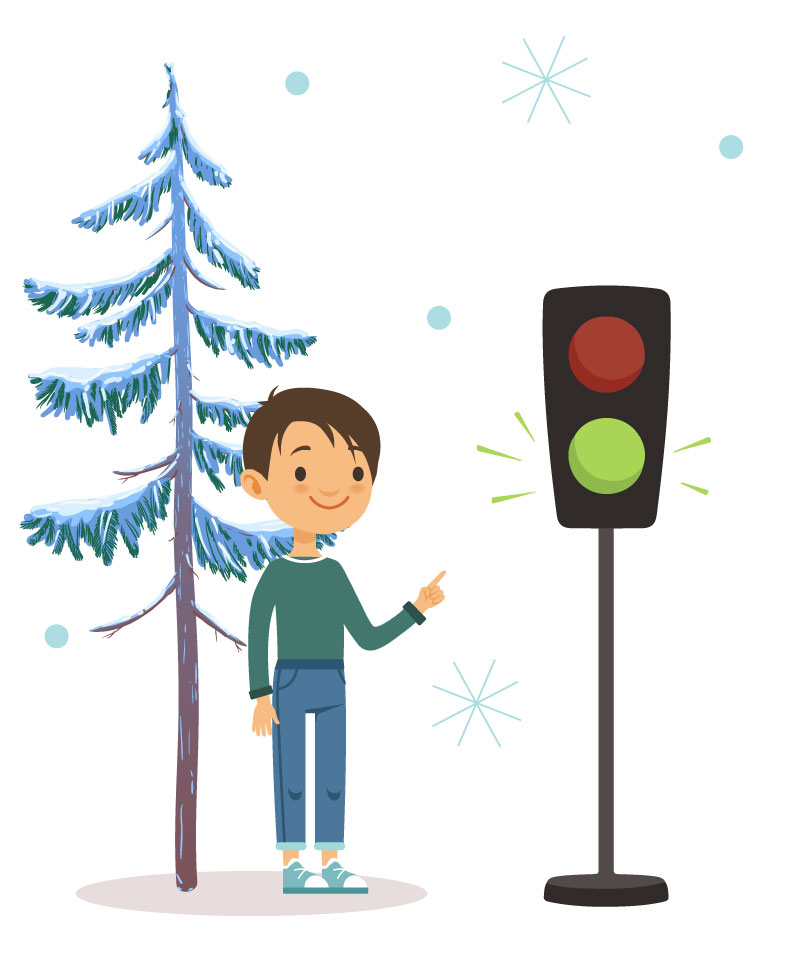 Holiday_GreenLight Cartoon graphic boy with green light and winter tree and snowflakes