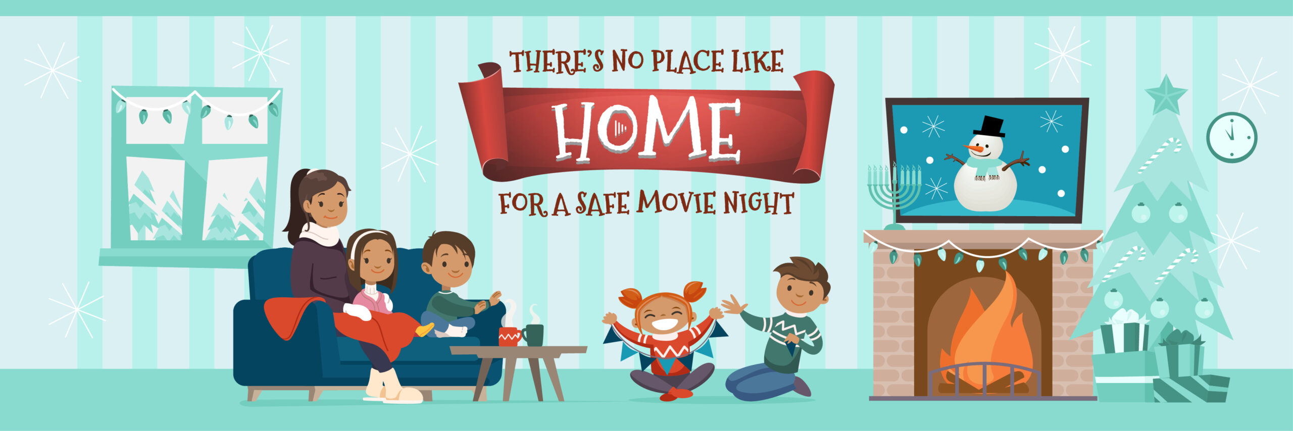 Stream_SafeMovieNight Family watching a holiday movie.
